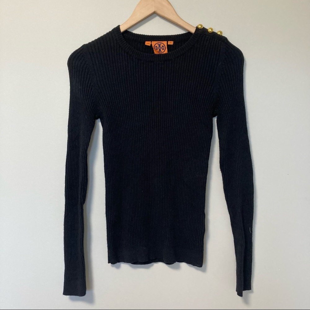 Tory Burch black ribbed cotton cashmere blend gold buttons sweater